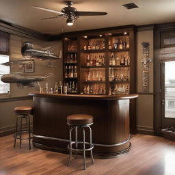 A stylish home bar with aviation-themed decorations