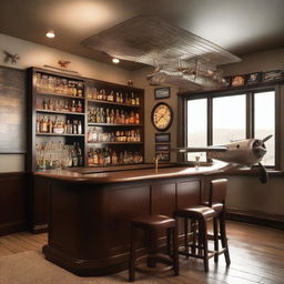 A stylish home bar with aviation-themed decorations