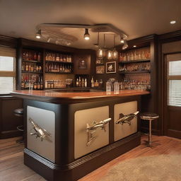 A stylish home bar with aviation-themed decorations