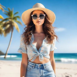 A stylish and confident young woman standing on a sunny beach