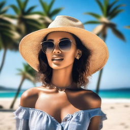 A stylish and confident young woman standing on a sunny beach