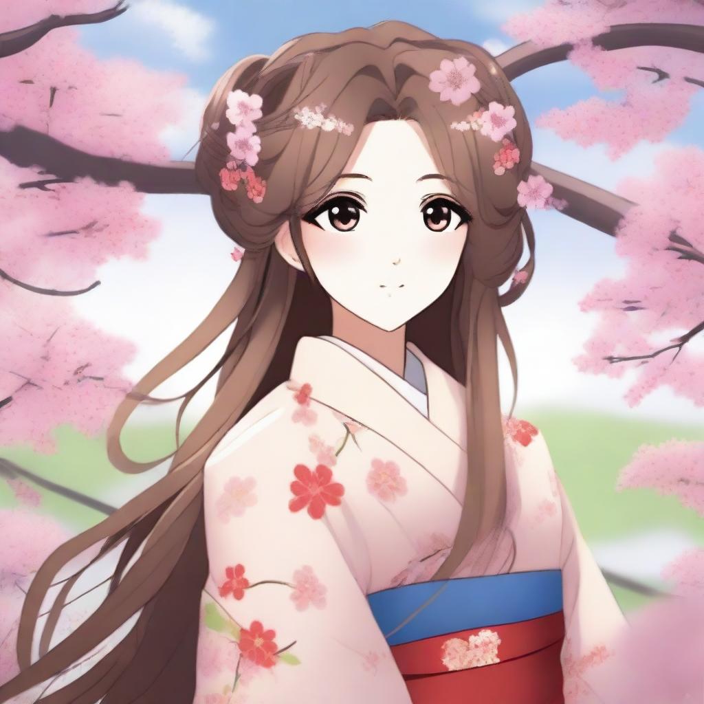 A beautiful anime-style waifu character with long flowing hair, big expressive eyes, and a gentle smile, standing in a serene garden with cherry blossoms in the background