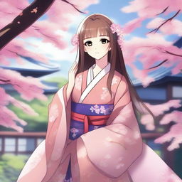 A beautiful anime-style waifu character with long flowing hair, big expressive eyes, and a gentle smile, standing in a serene garden with cherry blossoms in the background