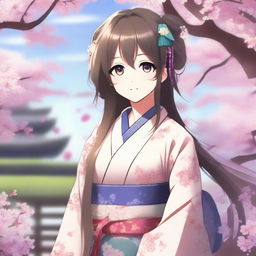 A beautiful anime-style waifu character with long flowing hair, big expressive eyes, and a gentle smile, standing in a serene garden with cherry blossoms in the background