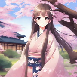 A beautiful anime-style waifu character with long flowing hair, big expressive eyes, and a gentle smile, standing in a serene garden with cherry blossoms in the background