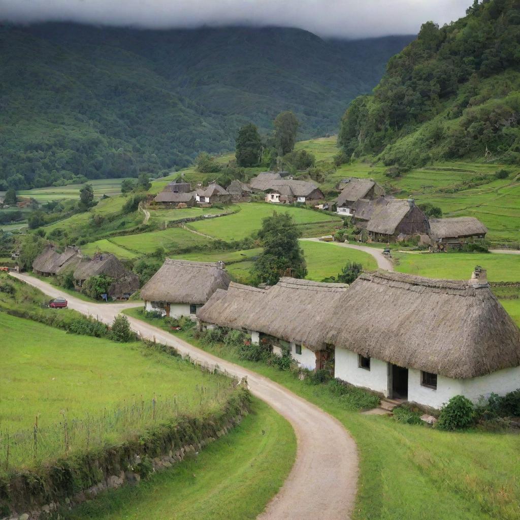 A picturesque rural village named Narikeltola, complete with thatched cottages, meandering dirt roads, lush green fields, and locals busy with day-to-day activities.