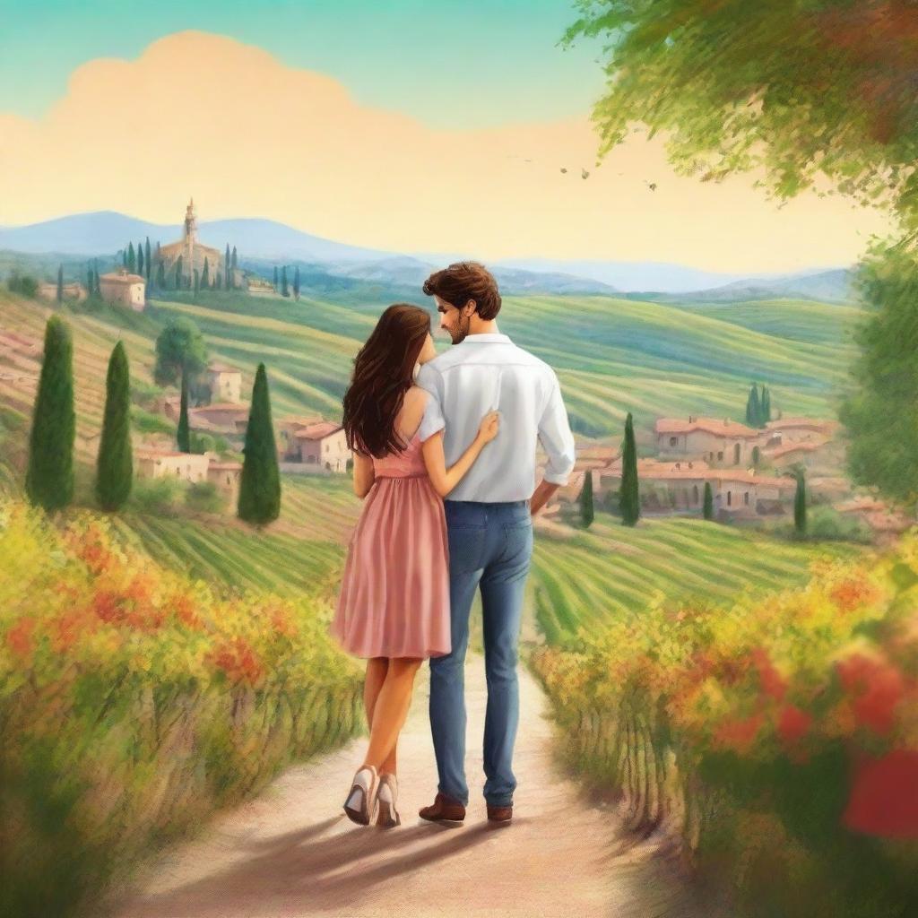 Create a romantic scene for an Italian book cover featuring a couple