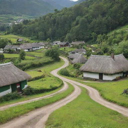 A picturesque rural village named Narikeltola, complete with thatched cottages, meandering dirt roads, lush green fields, and locals busy with day-to-day activities.