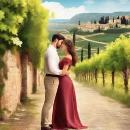 Create a romantic scene for an Italian book cover featuring a couple