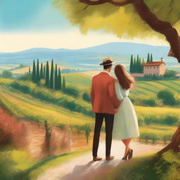 Create a romantic scene for an Italian book cover featuring a couple