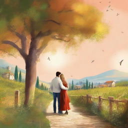 Create a romantic scene for an Italian book cover featuring a couple