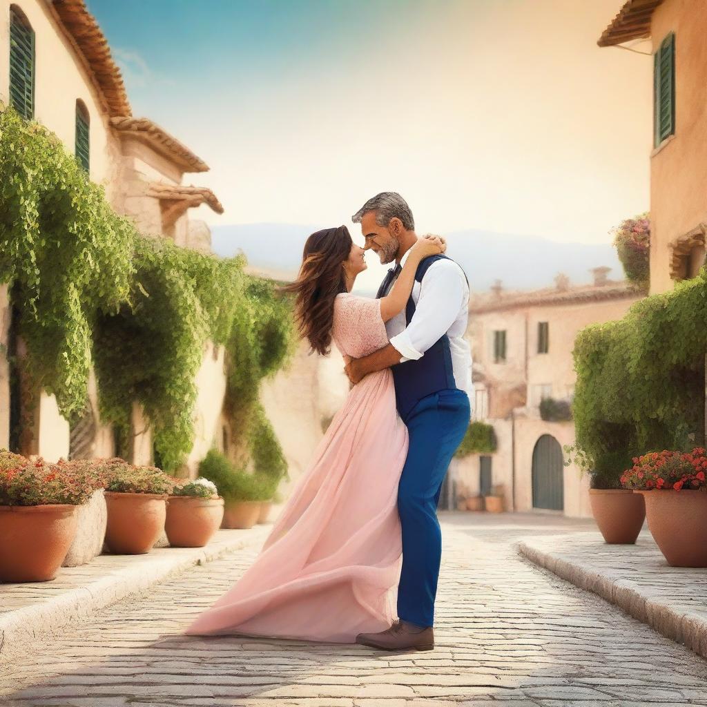 Create a romantic book cover featuring an Italian couple dancing