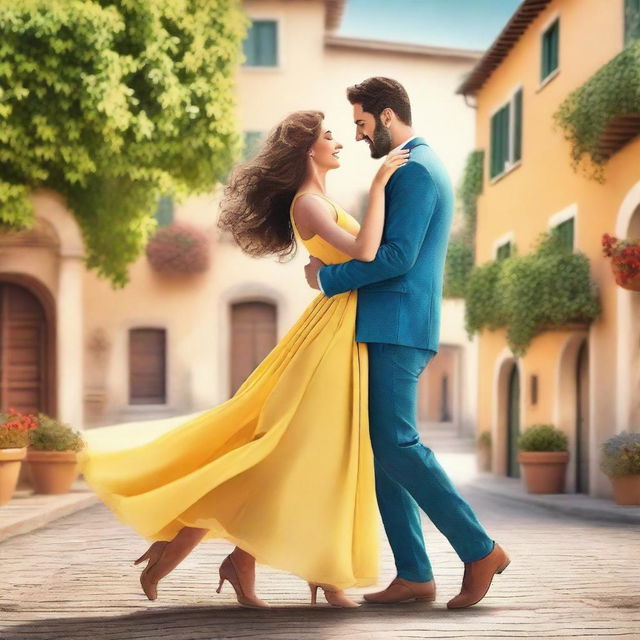 Create a romantic book cover featuring an Italian couple dancing