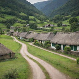 A picturesque rural village named Narikeltola, complete with thatched cottages, meandering dirt roads, lush green fields, and locals busy with day-to-day activities.