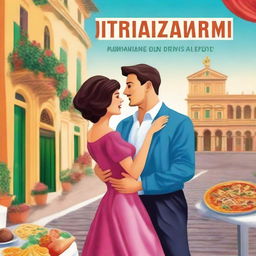 Create a vibrant book cover featuring an Italian couple dancing in the foreground