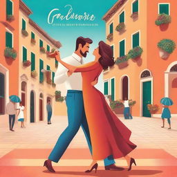 Create a vibrant book cover featuring an Italian couple dancing in the foreground