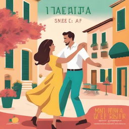 Create a vibrant book cover featuring an Italian couple dancing in the foreground