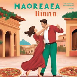 Create a vibrant book cover featuring an Italian couple dancing in the foreground