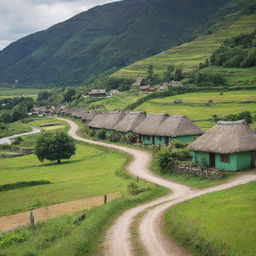 A picturesque rural village named Narikeltola, complete with thatched cottages, meandering dirt roads, lush green fields, and locals busy with day-to-day activities.