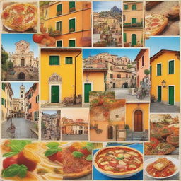 Create a vibrant collage featuring iconic Italian elements