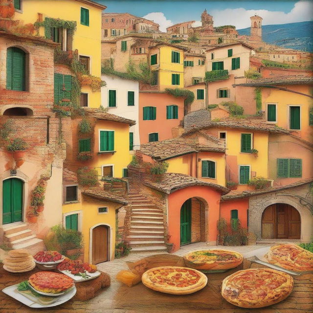 Create a vibrant collage featuring iconic Italian elements