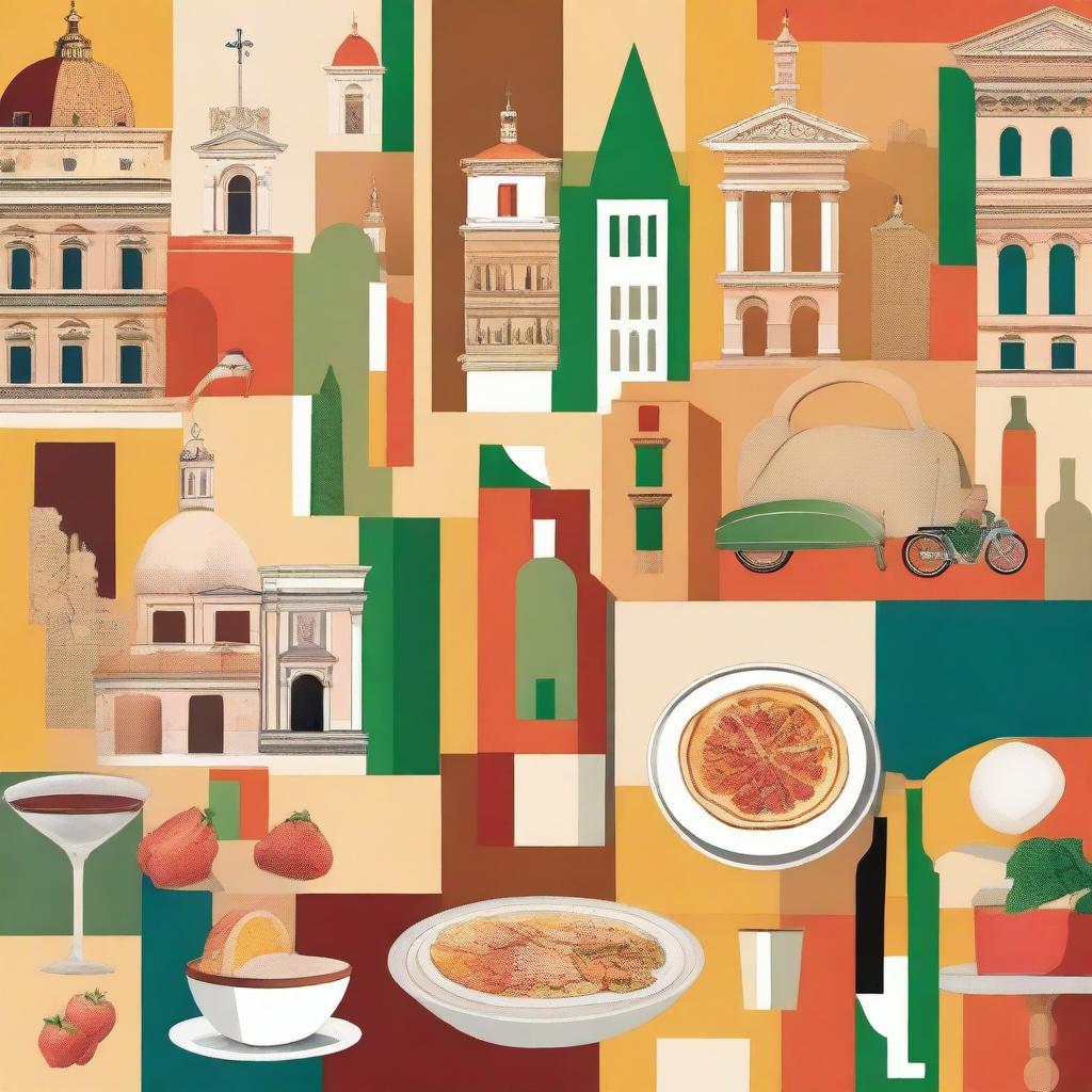 Create an abstract collage featuring iconic Italian elements for a wallpaper design