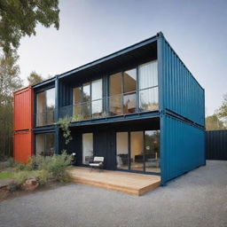 A modern and stylish house constructed from shipping containers. The design elegantly combines sustainability and modern architecture.