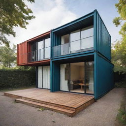 A modern and stylish house constructed from shipping containers. The design elegantly combines sustainability and modern architecture.