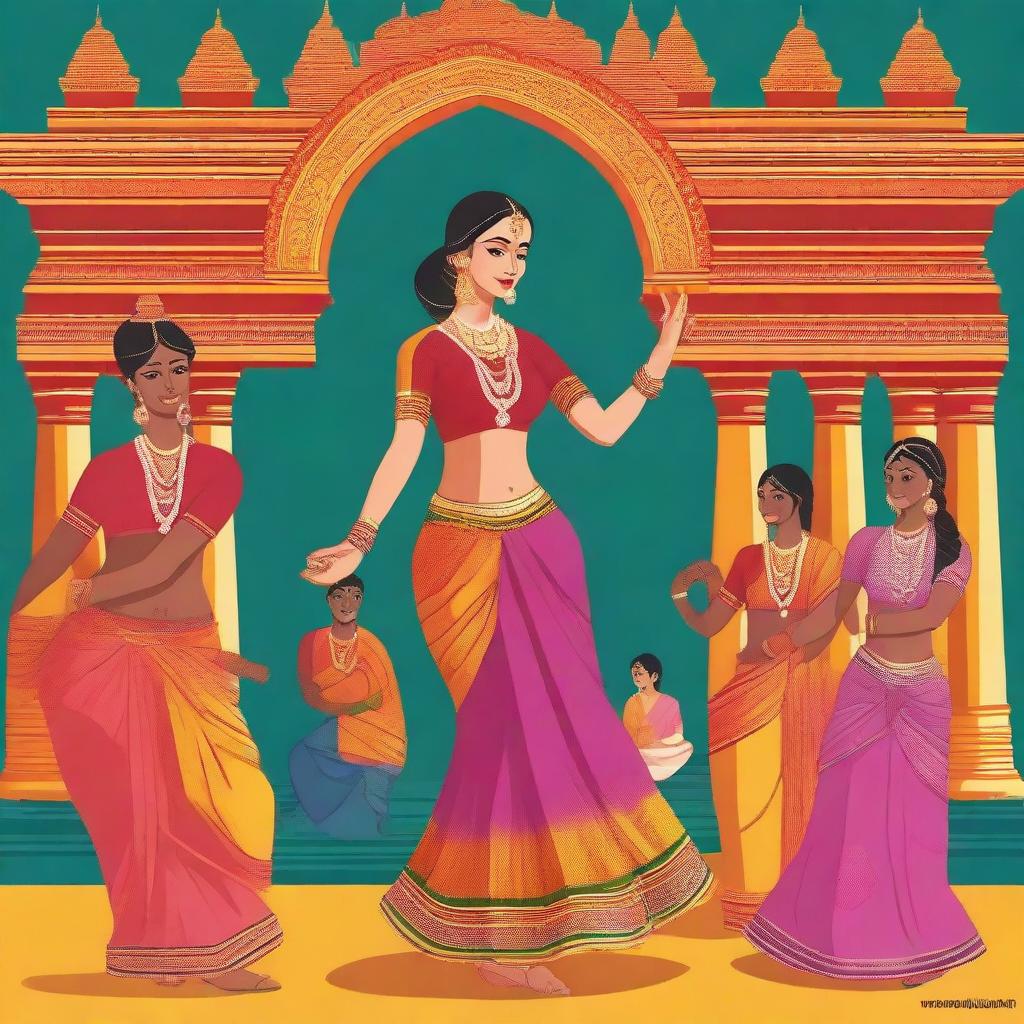 Create an image featuring a hot and vibrant Tamil cultural scene, showcasing traditional Tamil attire, dance, and architecture