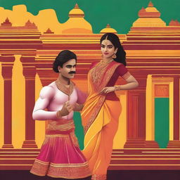 Create an image featuring a hot and vibrant Tamil cultural scene, showcasing traditional Tamil attire, dance, and architecture