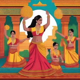 Create an image featuring a hot and vibrant Tamil cultural scene, showcasing traditional Tamil attire, dance, and architecture