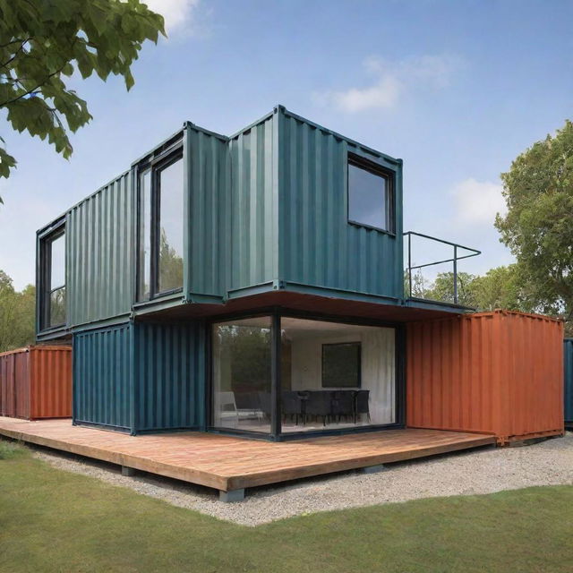 A modern and stylish house constructed from shipping containers. The design elegantly combines sustainability and modern architecture.