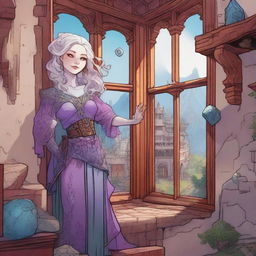 A whimsical Dungeons & Dragons 5e art style scene featuring a rich lady with very pale skin standing sideways on the wall of a house