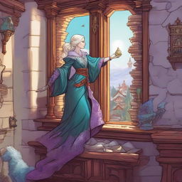 A whimsical Dungeons & Dragons 5e art style scene featuring a rich lady with very pale skin standing sideways on the wall of a house