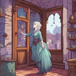 A whimsical Dungeons & Dragons 5e art style scene featuring a rich lady with very pale skin standing sideways on the wall of a house