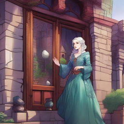 A whimsical Dungeons & Dragons 5e art style scene featuring a rich lady with very pale skin standing sideways on the wall of a house