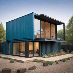 A modern and stylish house constructed from shipping containers. The design elegantly combines sustainability and modern architecture.