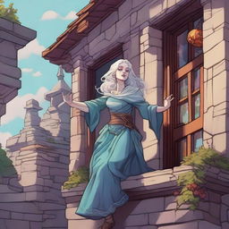 A whimsical Dungeons & Dragons 5e art style scene featuring a rich lady with very pale skin standing sideways on the exterior wall of a house, as if defying gravity