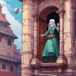 A whimsical Dungeons & Dragons 5e art style scene featuring a rich lady with very pale skin standing sideways on the exterior wall of a house, as if defying gravity