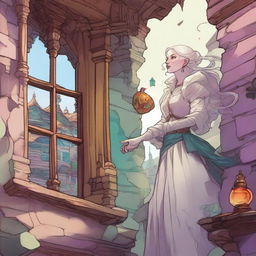 A whimsical Dungeons & Dragons 5e art style scene featuring a rich lady with very pale skin standing sideways on the exterior wall of a house, as if defying gravity