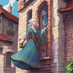 A whimsical Dungeons & Dragons 5e art style scene featuring a rich lady with very pale skin standing sideways on the exterior wall of a house, as if defying gravity