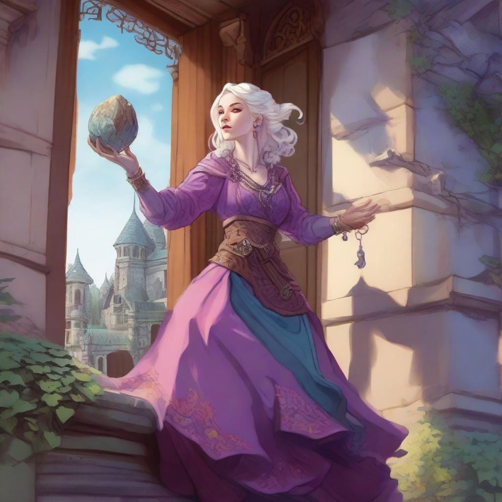 A whimsical Dungeons & Dragons 5e art style scene featuring a rich lady with very pale skin standing horizontally on the exterior wall of a house, as if defying gravity