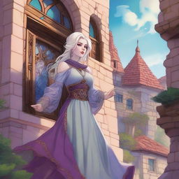 A whimsical Dungeons & Dragons 5e art style scene featuring a rich lady with very pale skin standing horizontally on the exterior wall of a house, as if defying gravity