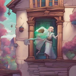 A whimsical Dungeons & Dragons 5e art style scene featuring a rich lady with very pale skin standing horizontally on the exterior wall of a house, as if defying gravity