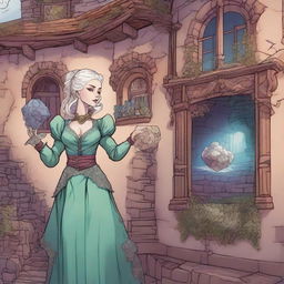 A whimsical Dungeons & Dragons 5e art style scene featuring a rich lady with very pale skin standing horizontally on the exterior wall of a house, as if defying gravity