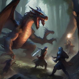 A dynamic and detailed scene from a Dungeons & Dragons game, featuring a group of adventurers battling a fierce dragon in a dark, mystical forest