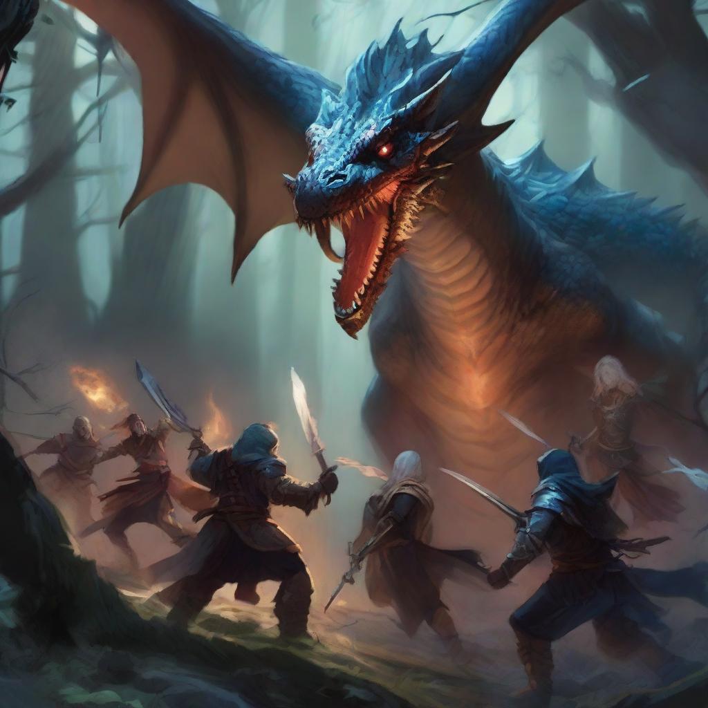 A dynamic and detailed scene from a Dungeons & Dragons game, featuring a group of adventurers battling a fierce dragon in a dark, mystical forest