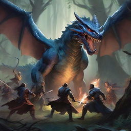 A dynamic and detailed scene from a Dungeons & Dragons game, featuring a group of adventurers battling a fierce dragon in a dark, mystical forest