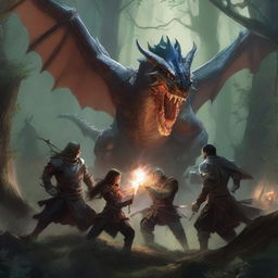 A dynamic and detailed scene from a Dungeons & Dragons game, featuring a group of adventurers battling a fierce dragon in a dark, mystical forest