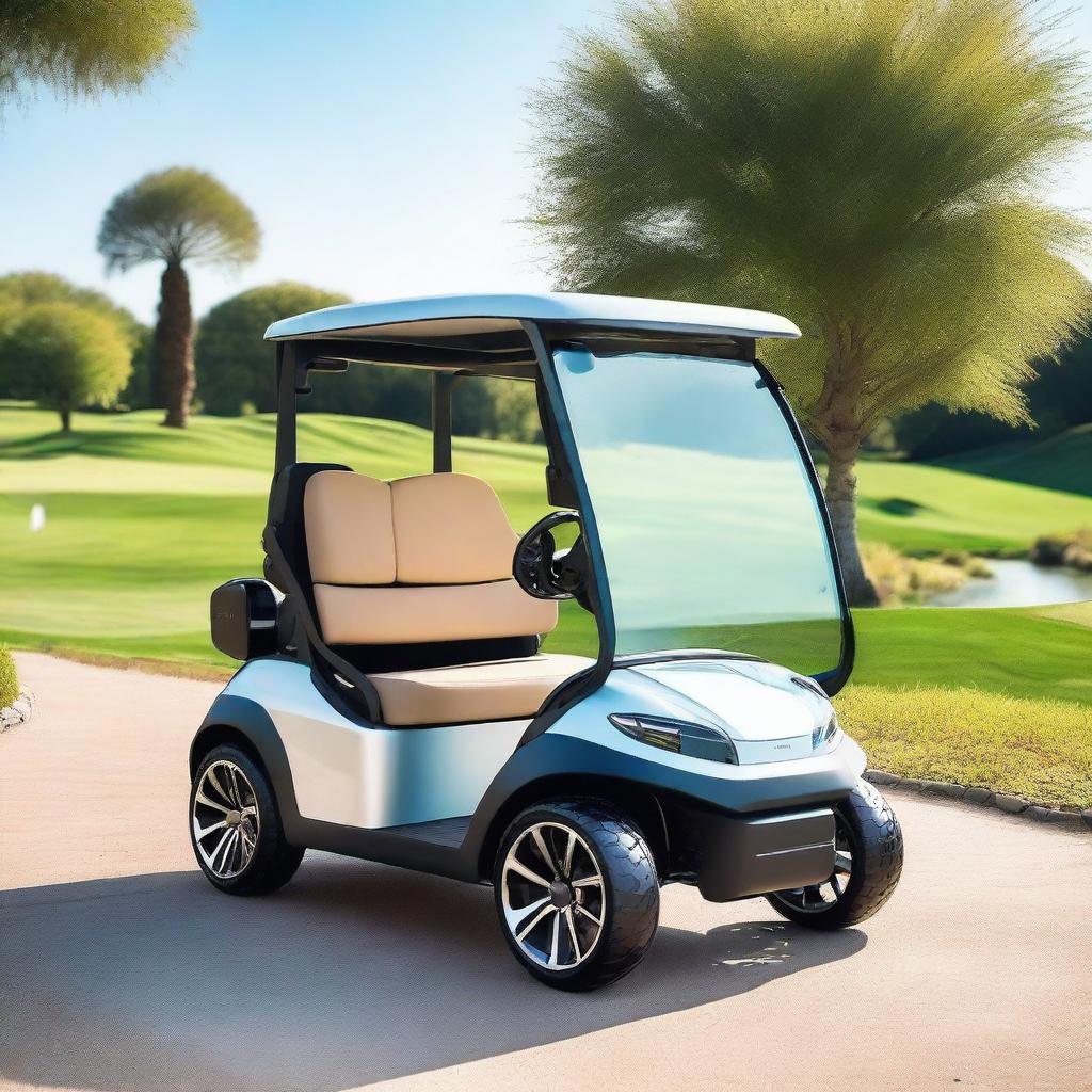 A sleek, modern electric buggy (golf cart) designed with futuristic aesthetics